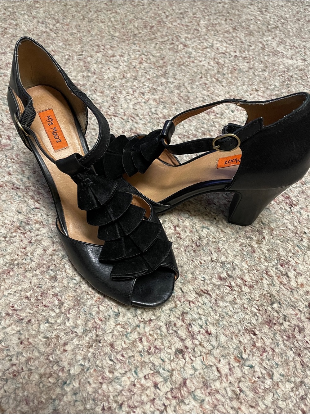Miz mooz saylor leather Black Ruffle T-Strap Peep-Toe Heels
